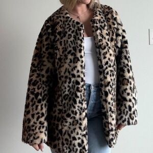 Leopard Print Faux Fur Oversized Coat Size Large